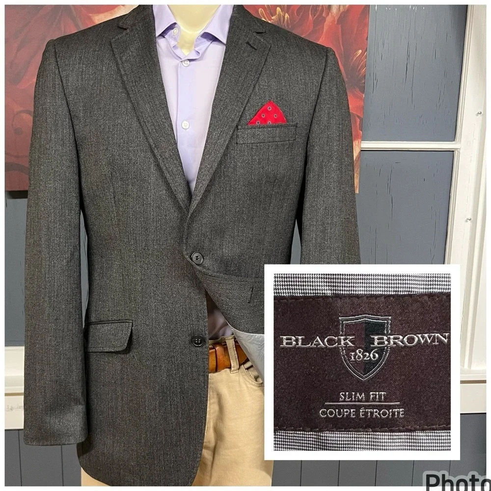 Black Brown 1826 Blazer Jacket Sport Coat‎ Mens 42L Long Slim Fit Wool Gray